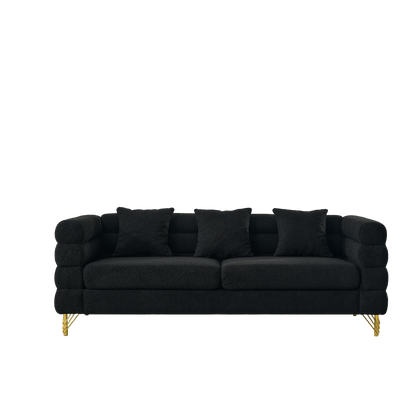 81 Inch Oversized 3 Seater Sectional Sofa, Living Room Comfort Fabric Sectional Sofe-Deep Seating Sectional Sofa, Soft Sitting with 3 Pillows for Living Room,Bedroom,Office, Black teddy