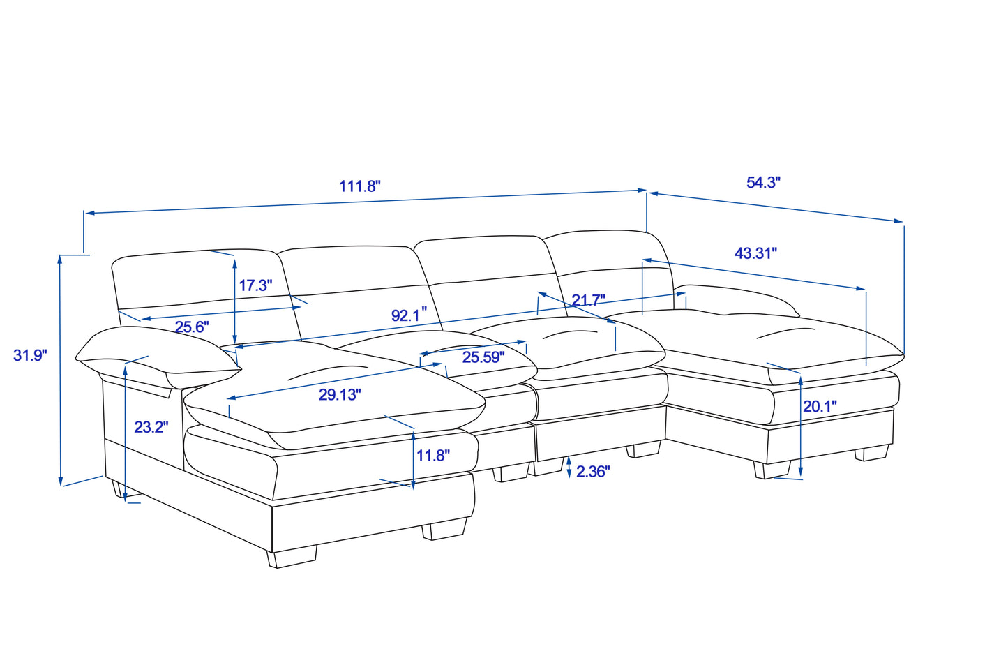 U-shaped profile sofa, including two single seats and two chaise, modular sofa, Chenille sofa,White