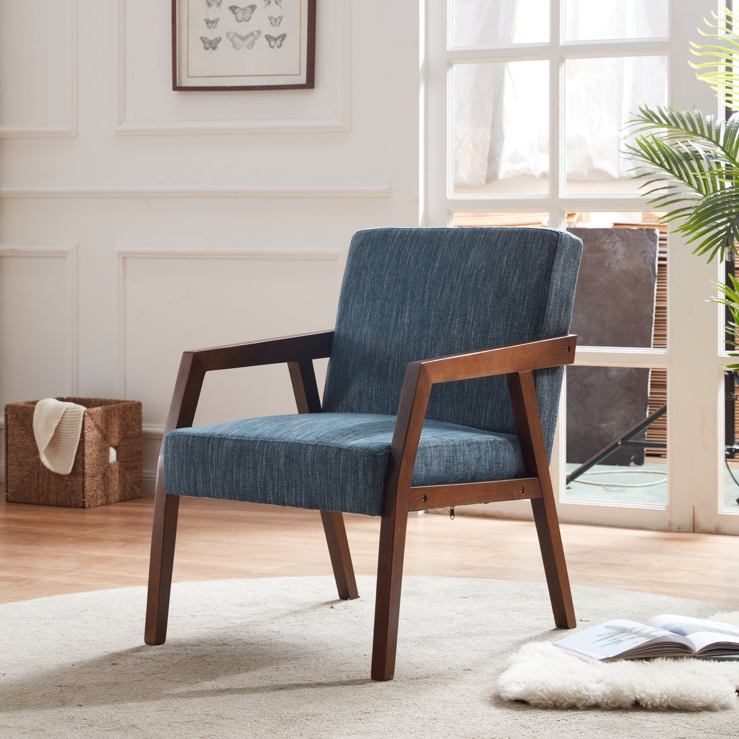 Solid Wooden Mid-Century Modern Accent Chair, Upholstered Arm Chair for Living Room, Bedroom, Linen Fabric Reading Chair, Side Chair, Blue