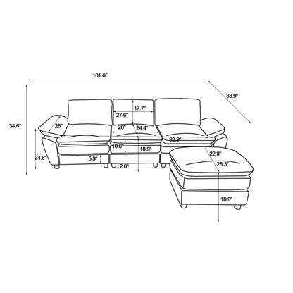 Modern Deep 3-Seat Sofa Couch with Ottoman, Polyester Sofa Sleeper Comfy Upholstered Furniture for Living Room, Apartment, Studio, Office,Dark Grey