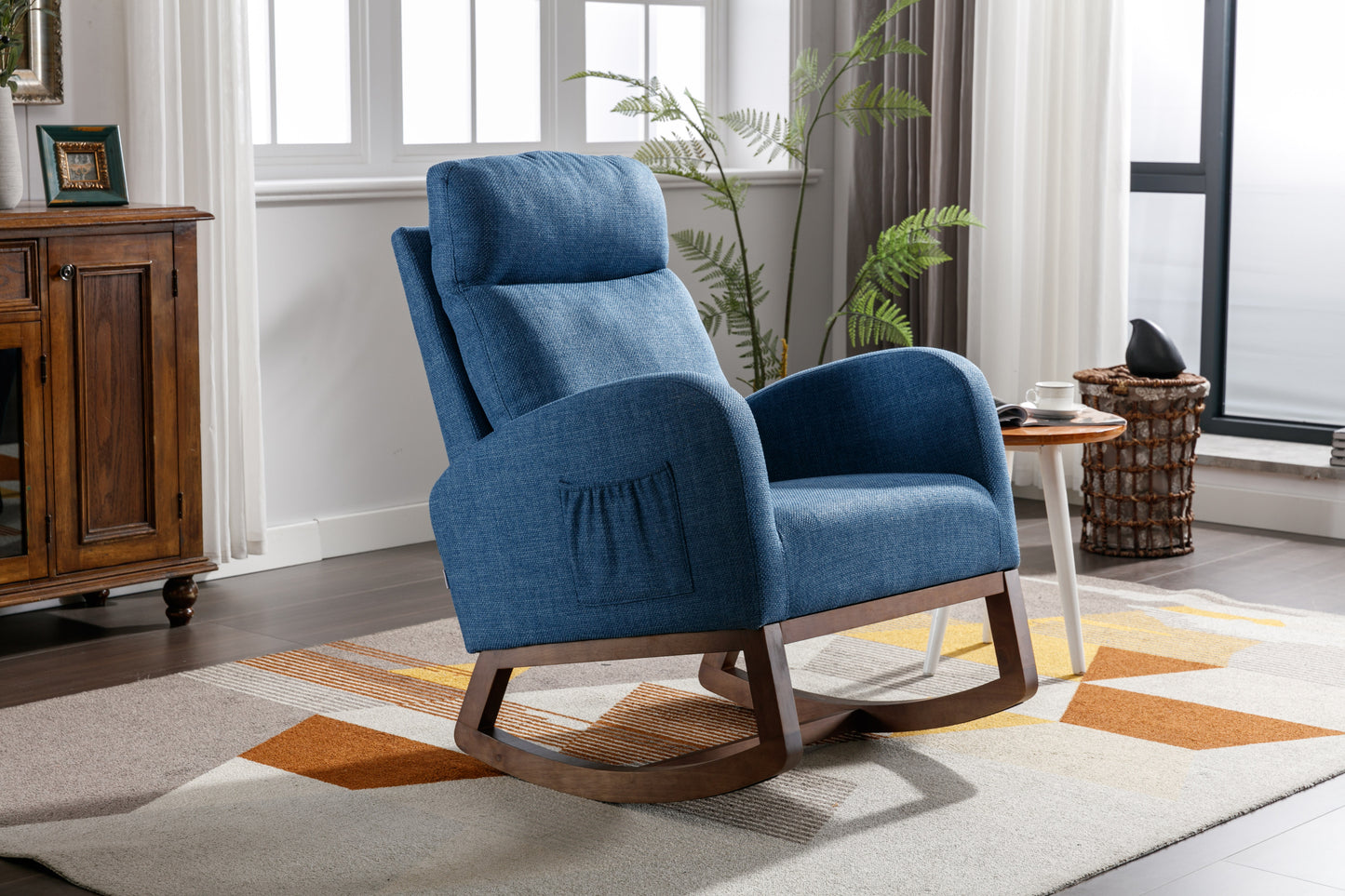 Rocking Chair, Modern Glider Chair, Recliner Armchair with Wood Legs and Side Pocket, Nursery Rocking Accent Chair with High Back for Living Room Bedroom (Blue linen)