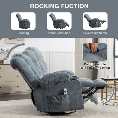 Massage Rocker Recliner Chair Rocking Chairs for Adults Oversized with 2 Cup Holders, USB Charge Port Soft Features a Manual Massage and Heat.A+B BLUE