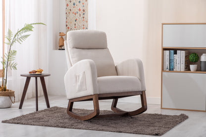 Rocking Chair, Modern Glider Chair, Recliner Armchair with Wood Legs and Side Pocket, Nursery Rocking Accent Chair with High Back for Living Room Bedroom (Beige linen)