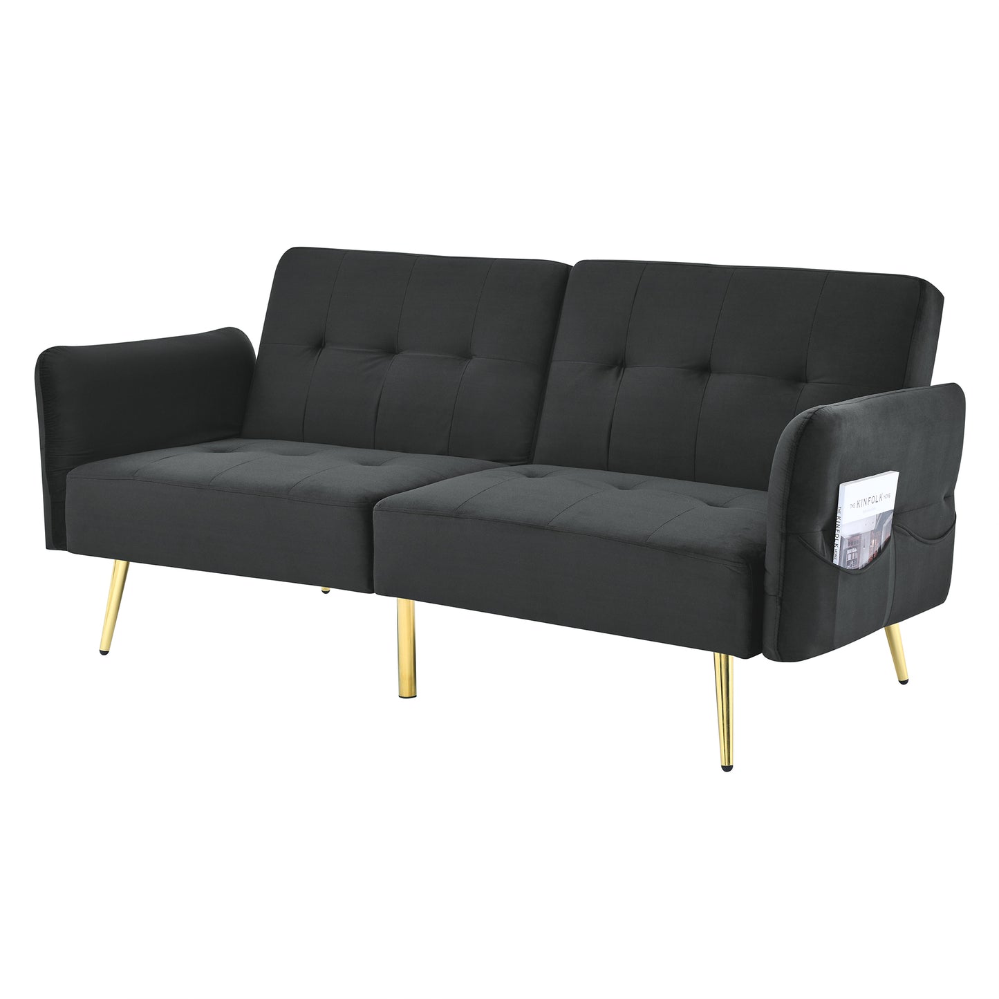 78" Italian Velvet Futon Sofa Bed, Convertible Sleeper Loveseat Couch with Folded Armrests and Storage Bags for Living Room and Small Space, Black 280g velvet