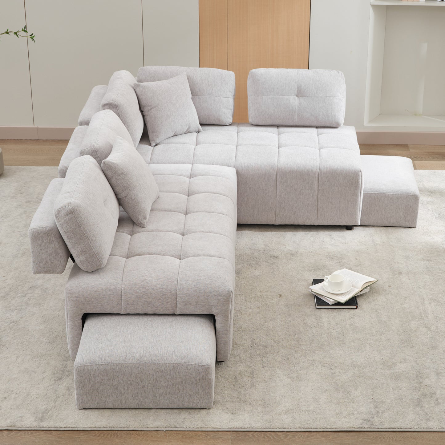 91.73" L-shaped Sofa Sectional Sofa Couch with 2 Stools and 2 Lumbar Pillows for Living Room, Light Grey