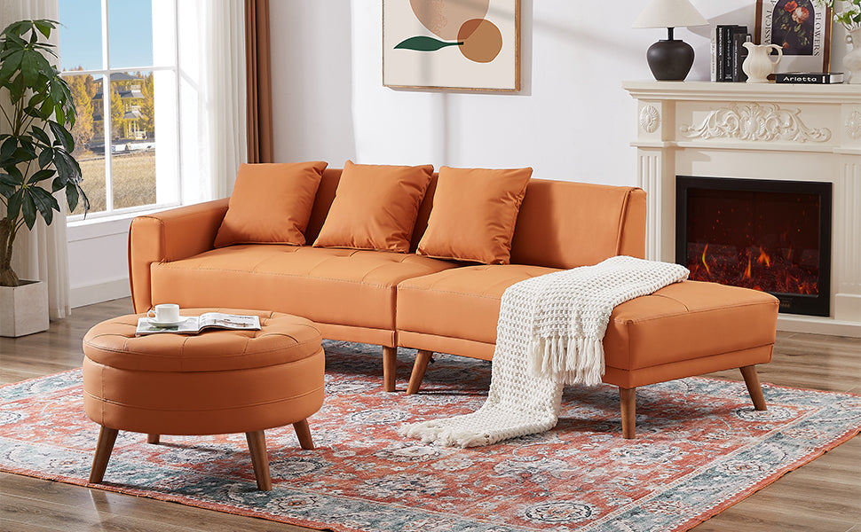 107" Contemporary Sofa Stylish Sofa Couch with a Round Storage Ottoman and Three Removable Pillows for Living Room, Orange