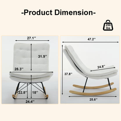 Lazy Rocking Chair,Comfortable Lounge Chair with Wide Backrest and Seat Wood Base, Upholstered Armless Rocker Chair for Living room, Balcony,Bedroom and Patio Porch. (WHITE)