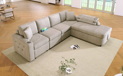 109.8"L-shaped Couch Sectional Sofa with Storage Chaise,Cup Holder and USB Ports for Living Room, Beige