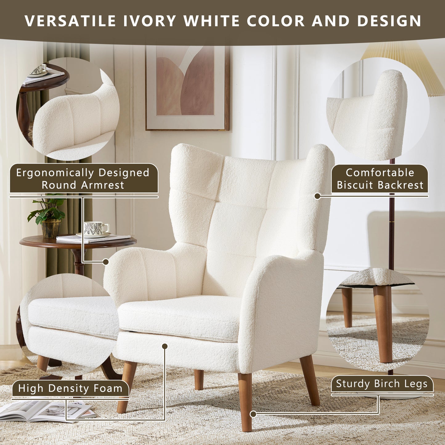 Mid-Century Accent Chair, Ivory White, Modern Retro Club Chair, Birch Frame, Upholstered Teddy Wool Fabric, Single Sofa Armchair for Small Spaces, Living Room, Bedroom, Reading Corner, Balcony,Office