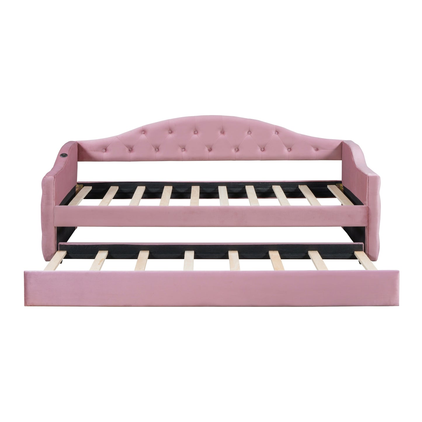 Size Tufted Upholstered Daybed with Trundle,Velvet Sofabed with USB&Type-C Charging Ports,No Box-spring Needed, Pink