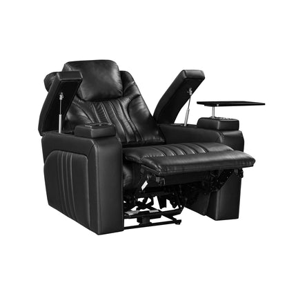 PU Leather Power Recliner Home Theater Recliner with Power Adjustable Headrest, Wireless Charging Device, USB Port, Storage Arms, Cup Holder and Swivel Tray Table for Living Room, Black