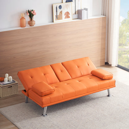 67" Orange Leather Multifunctional Double Folding Sofa Bed for Office with Coffee Table