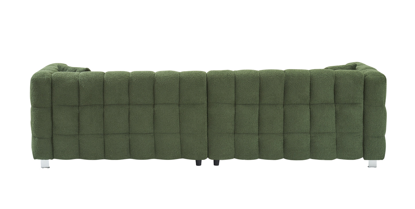 102-inch green teddy fleece sofa with two throw pillows in living room Bedroom apartment sofa supported by hardware feet