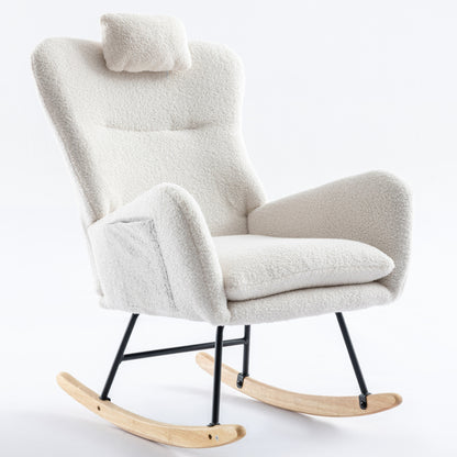 35.5 inch Rocking Chair with Pocket, Soft Teddy Fabric Rocking Chair for Nursery, Comfy Wingback Glider Rocker with Safe Solid Wood Base for Living Room Bedroom Balcony (white)