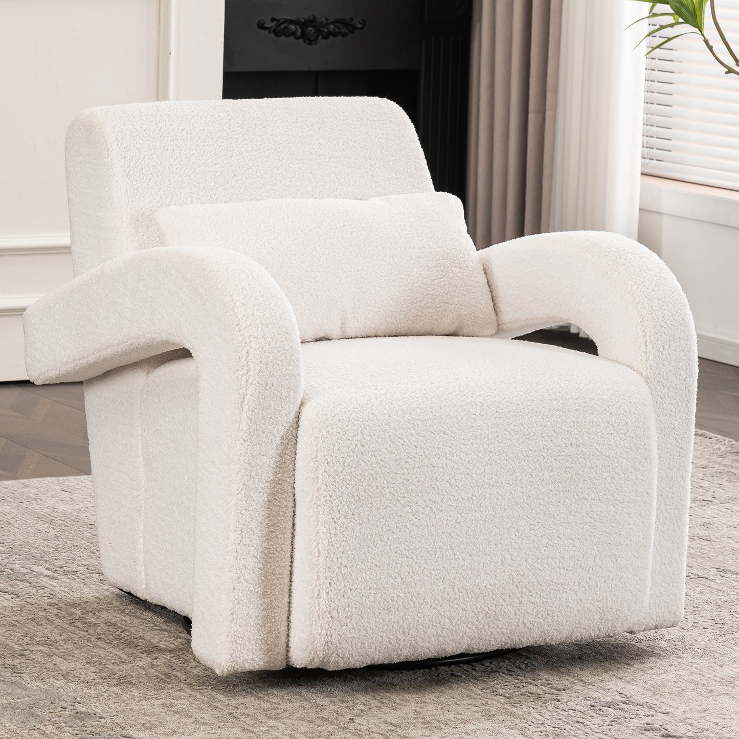 White Teddy Fabric Armchair - Modern Sturdy Lounge Chair with Curved Arms and Thick Cushioning for Plush Comfort