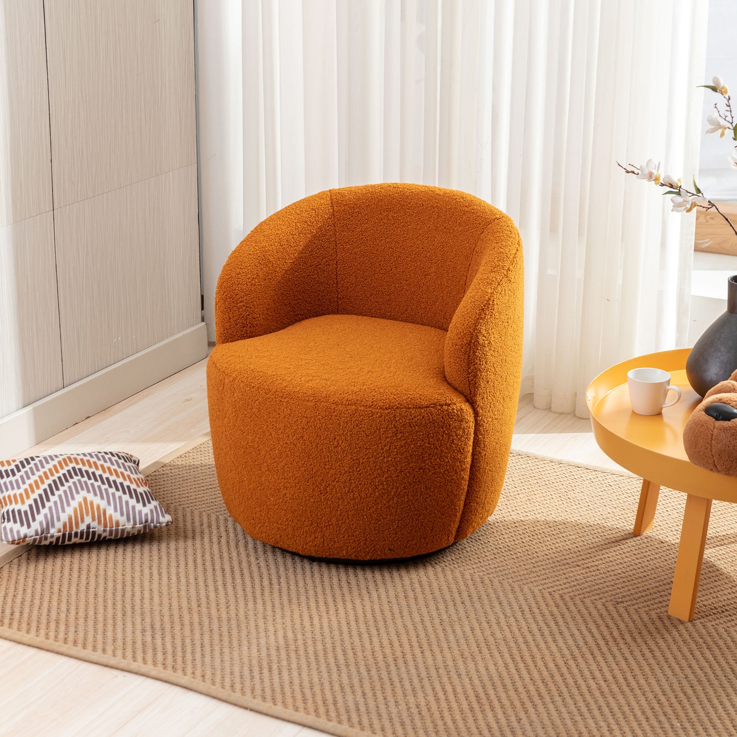 Teddy Fabric Swivel Accent Armchair Barrel Chair With Black Powder Coating Metal Ring,Caramel