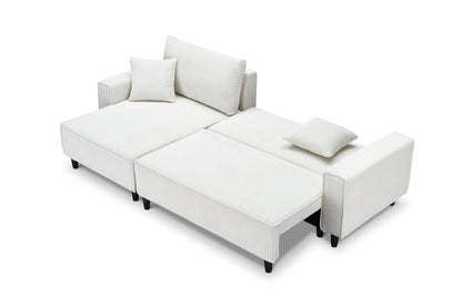 The 93-inch beige corduroy sofa bed comes with two pillows to fit in the living room and the apartment is not overcrowded