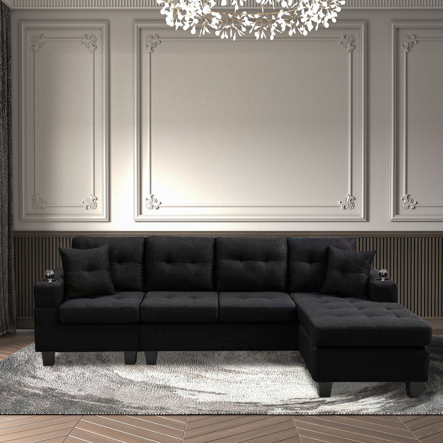 Right sectional sofa with footrest, convertible corner sofa with armrest storage, living room and apartment sectional sofa, right chaise longue and grey