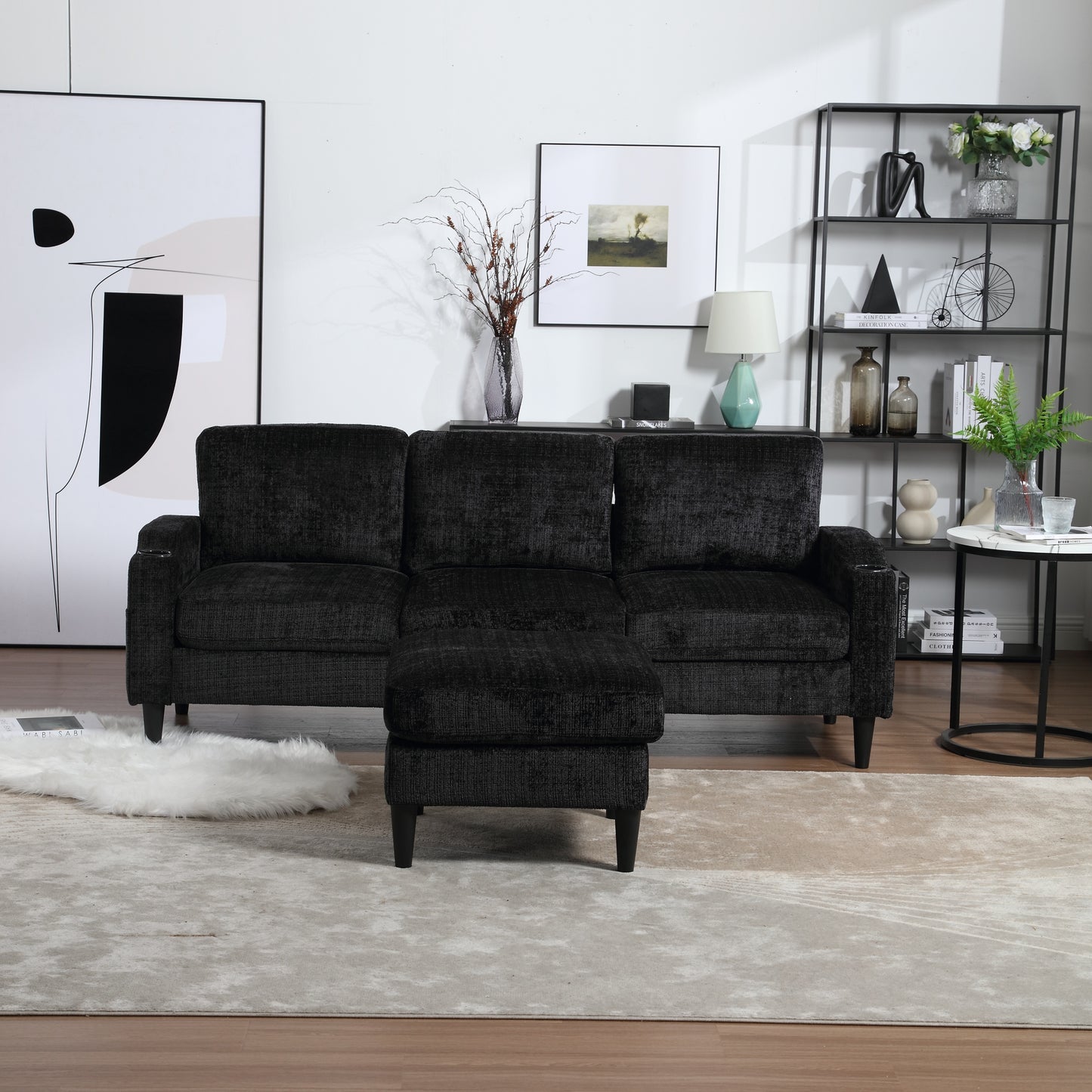 Sofa for three, solid wood frame, Chenille fabric, side pocket, with two cup holders, footstool with storagestorage sofa /Living room sofa cozy sectional sofa