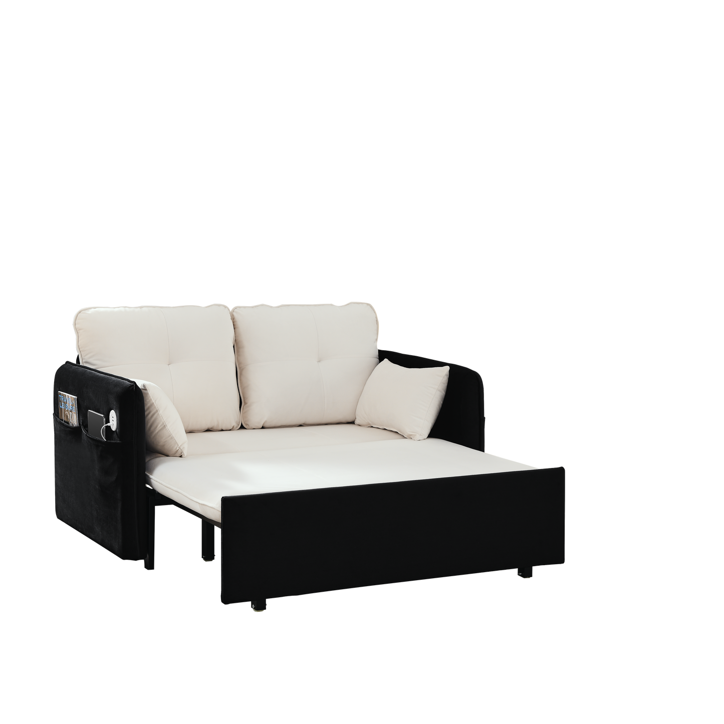 53" Modern Convertible Sofa Bed w/2 Removable Armrests w/USB Power Port, Velvet Recliner Adjustable Sofa w/Head Pull-Out Bed, 2 Pillows, For Living Room Apartment etc., White-Black