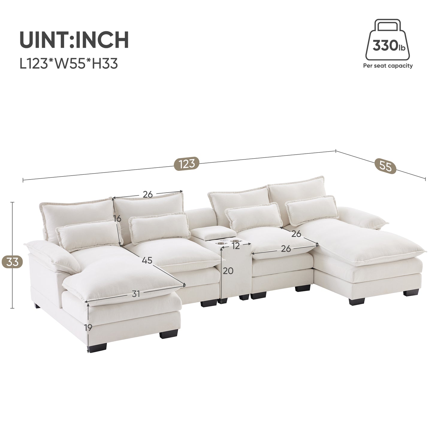 123*55" Modern U-shaped Sofa with Console,Cupholders and USB Ports,6-seat Upholstered Symmetrical Indoor Furniture,Sleeper Couch Set with Chaise for Living Room,Apartment,2 Colors