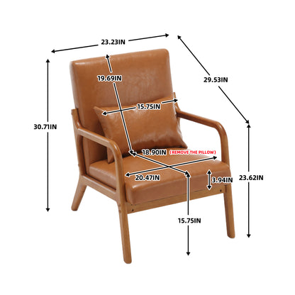 Modern Accent Chair, Solid Wood Padding Lounge Armchairs With One pillow for Living Room, Bedroom, Guest Room (Light Brown PU)