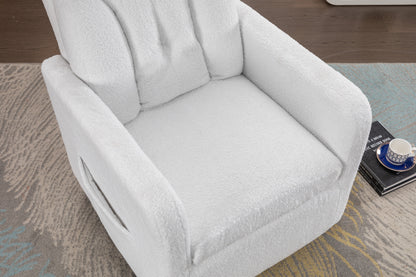 022-Teddy Fabric Swivel Rocking Chair Gilder Chair With Pocket,White