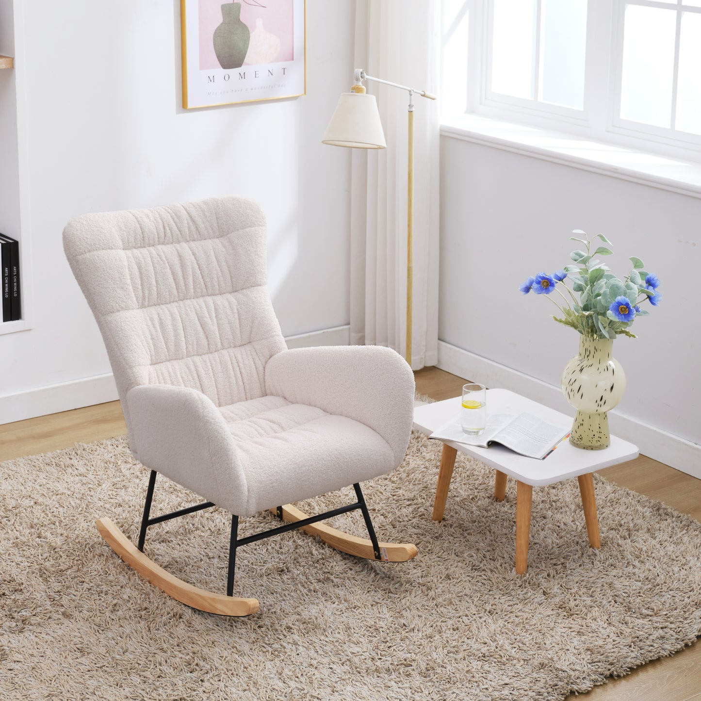 Rocking Chair, Teddy Upholstered Glider Rocker, Rocking Accent Chair with High Backrest, Comfy Rocking Accent Armchair for Living Room, Bedroom, Offices, WHITE