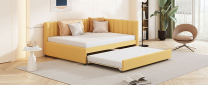 Full Size Upholstered Daybed with Trundle Sofa Bed Frame No Box Spring Needed, Linen Fabric(Yellow)