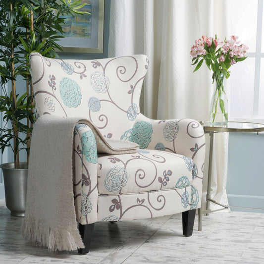 Elegant Vintage Fabric Club Chair, White and Blue Floral Pattern, Stylish Armchair for Classic Home Decor, Comfortable Seating for Relaxing Evenings