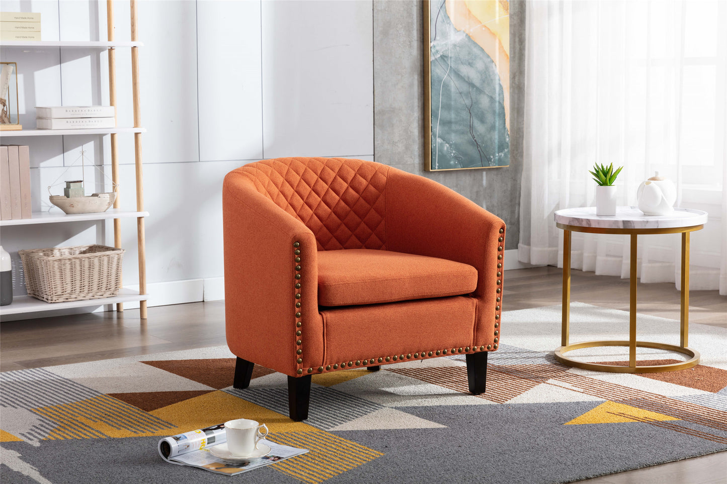 Barrel Chairs with Soft Padded Armrest, Club Chairs with nailheads and solid wood legs for Living Room Bedroom Waiting Room (Orange Linen)