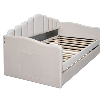 Twin size Upholstered Daybed with Trundle,Velvet Sofabed with USB Charging Ports,No Box-spring Needed,Beige