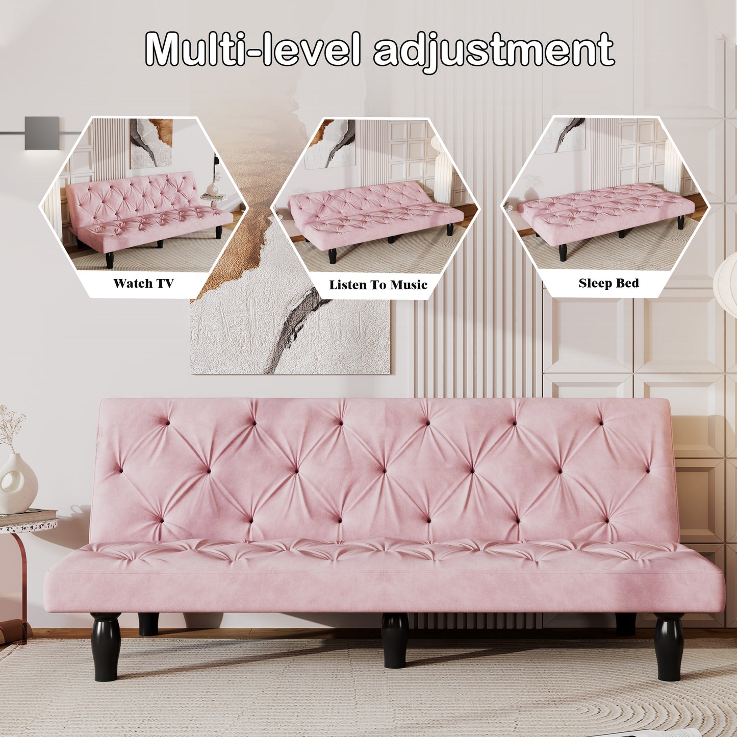 2534B Sofa converts into sofa bed 66" pink velvet sofa bed suitable for family living room, apartment, bedroom