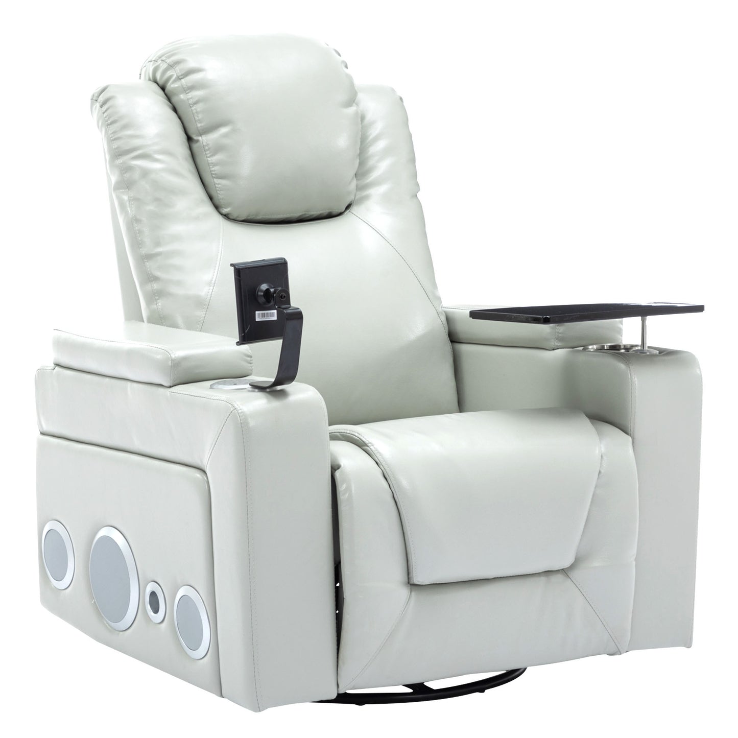 270 Degree Swivel PU Leather Power Recliner Individual Seat Home Theater Recliner with Surround Sound, Cup Holder, Removable Tray Table, Hidden Arm Storage for Living Room, Grey