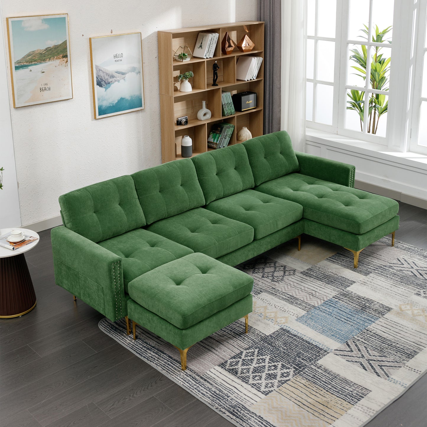 110" L-Shape Convertible Sectional Sofa Couch with Movable Ottoman for Living Room, Apartment, Office, Green