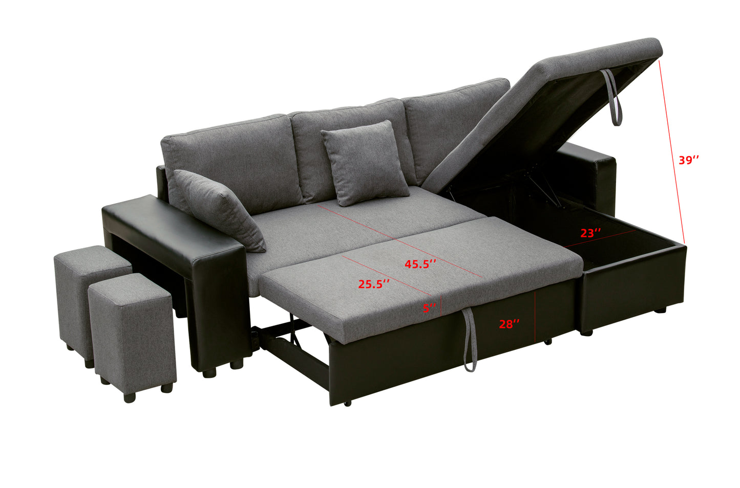 92.5 inchLinen Reversible Sleeper Sectional Sofa with storage and 2 stools Steel Gray