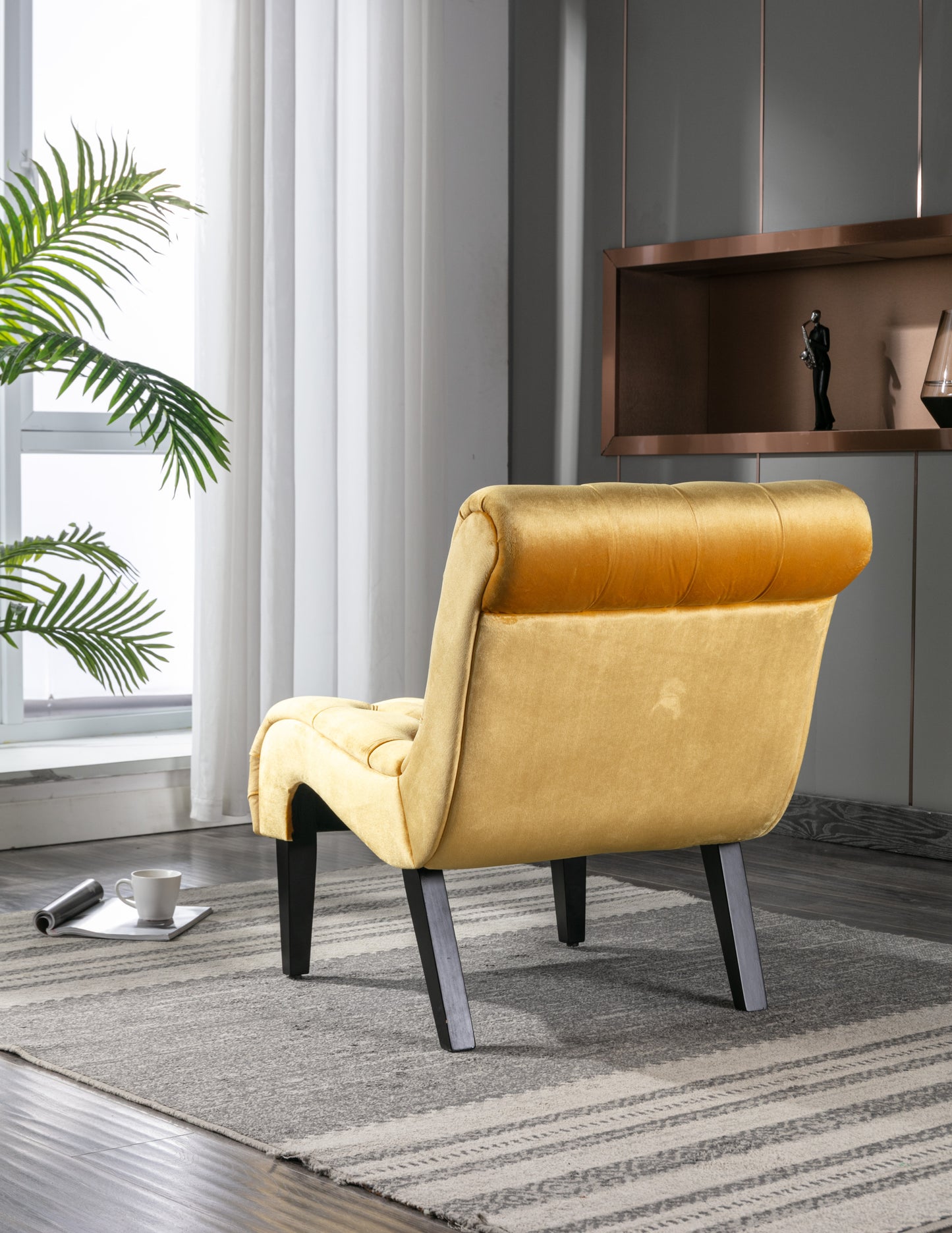 Modern Velvet Armless Accent Living Room Chair / Leisure Chair,Upholstered Fabric Button Comfortable Chair with Wooden Legs for Bedroom, Living Room, Office (Mustard Velvet)