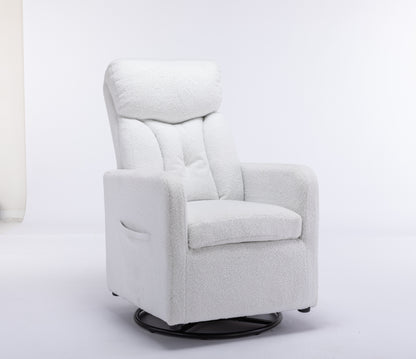 022-Teddy Fabric Swivel Rocking Chair Gilder Chair With Pocket,White