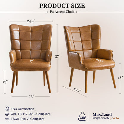 PU Leather Accent Chair, Upholstered Living Room Chair with Soild Wood Leg, Reading Armchair for Living Room Bedroom Home Office, Brown