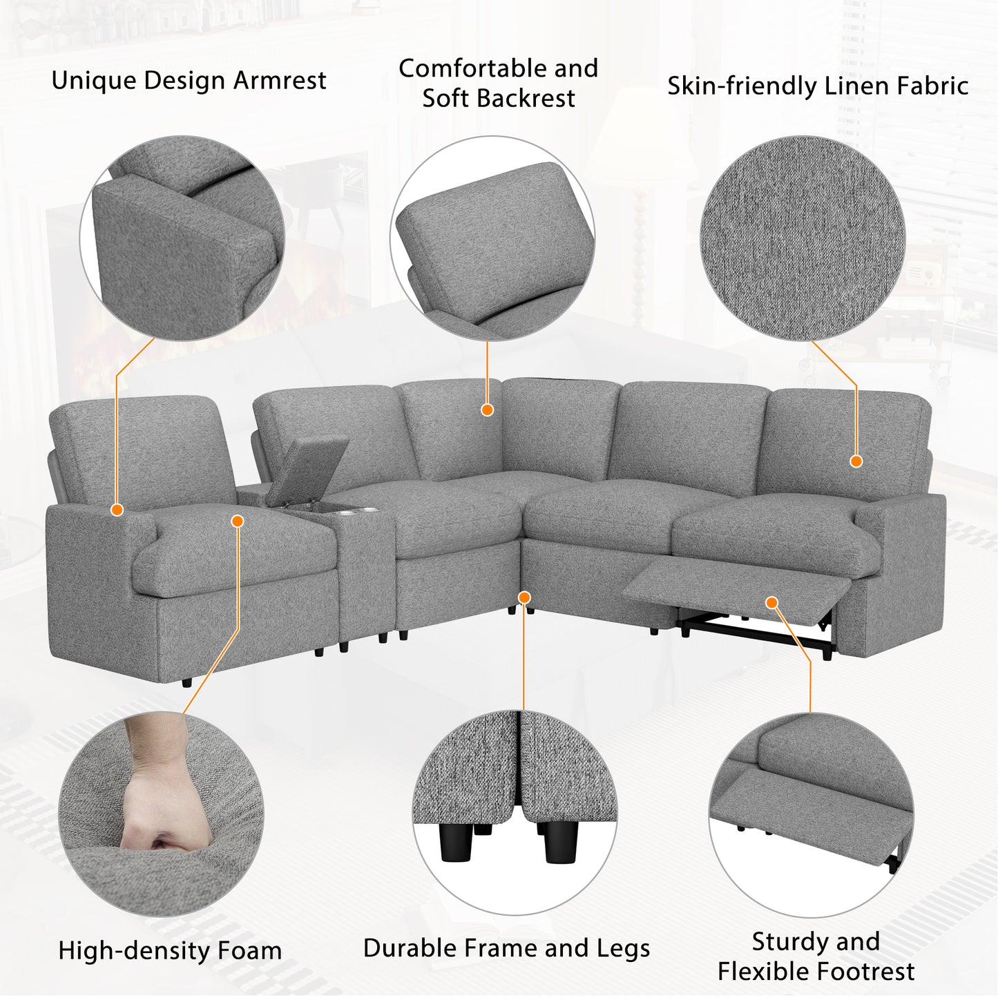 104'' Power Recliner Corner Sofa Home Theater Reclining Sofa Sectional Couches with Storage Box, Cup Holders, USB Ports and Power Socket for Living Room, Grey