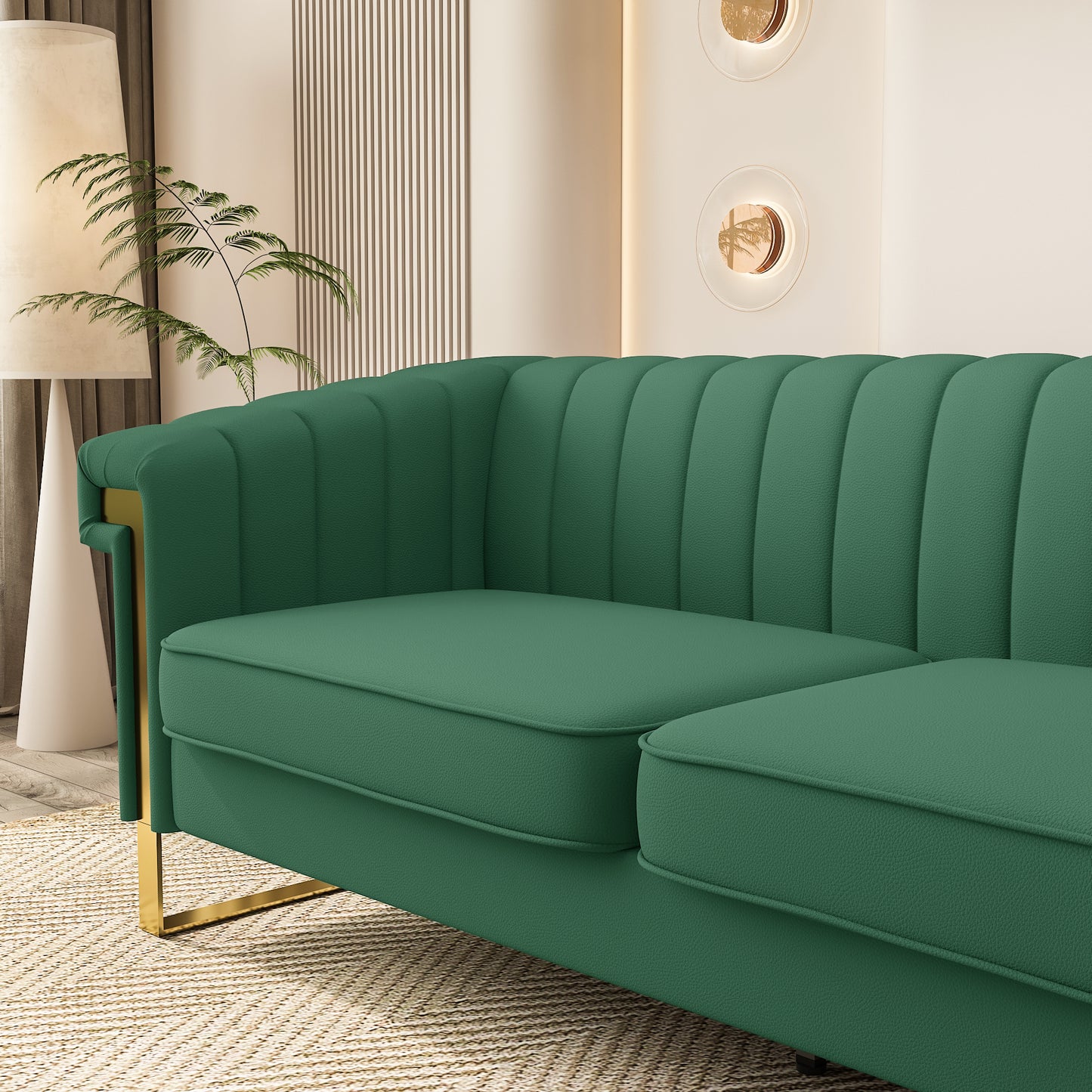 SOFA Modern Green PU Sofa with Gold Accents - Sleek Channel-Tufted Upholstery, 3-Seat Couch for Living Room and Office Decor