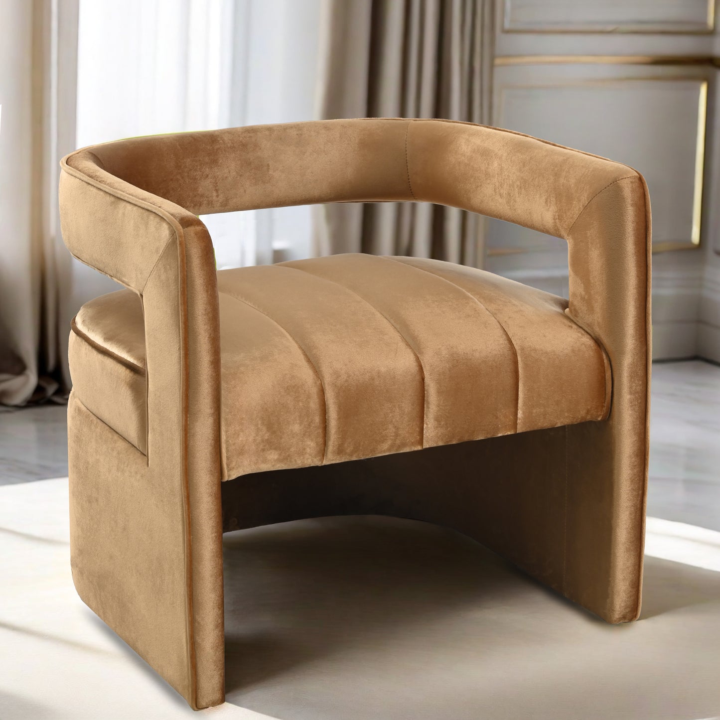 Modern Velvet Accent Chair with Ribbed Detail, Luxury Curved Fully Upholstered Accent Chair, Brown (No Assembly Needed)