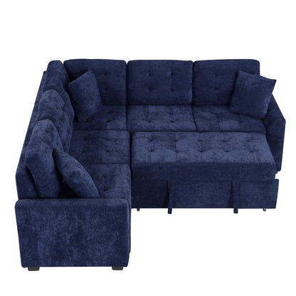 82.6" L-shape Sofa Bed Pull-out Sleeper Sofa with Wheels, USB Ports, Power Sockets for Living Room, Navy Blue