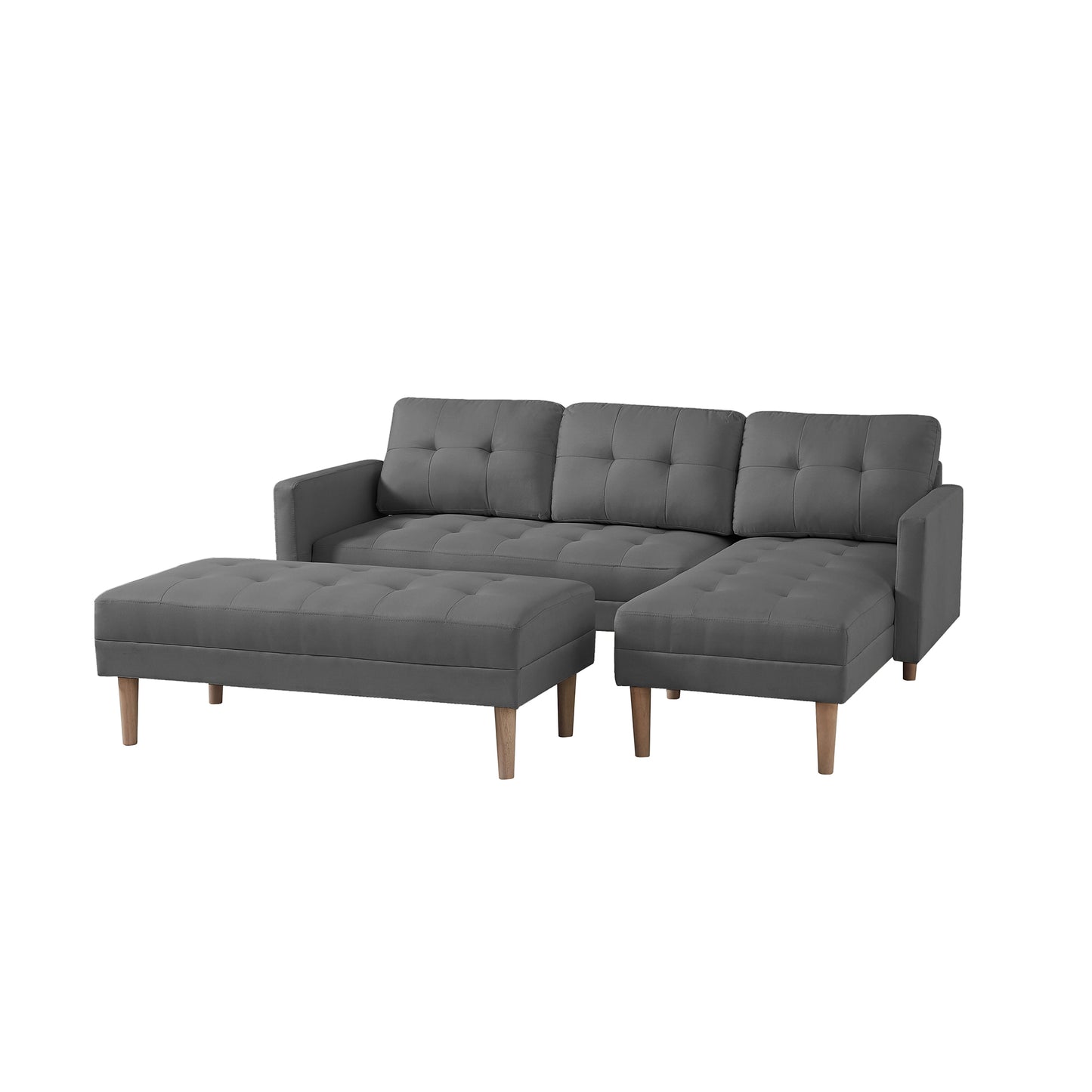 GREY Fabric Right Facing Sectional Sofa Bed, L-shape Sofa Chaise Lounge with Ottoman Bench