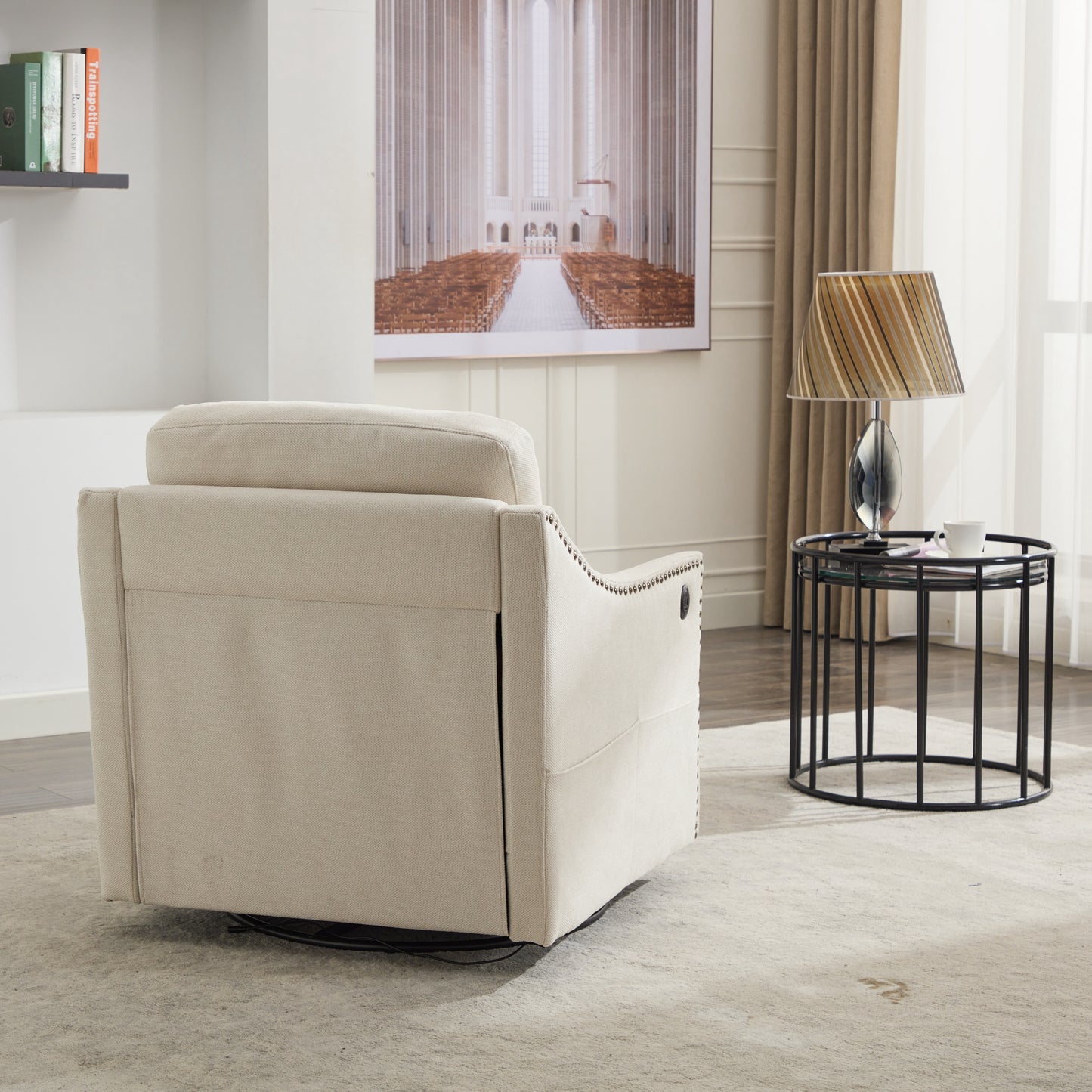 Cream white fabric swivel rotating accent chair with USB and magazine book for living room and hotel bed room