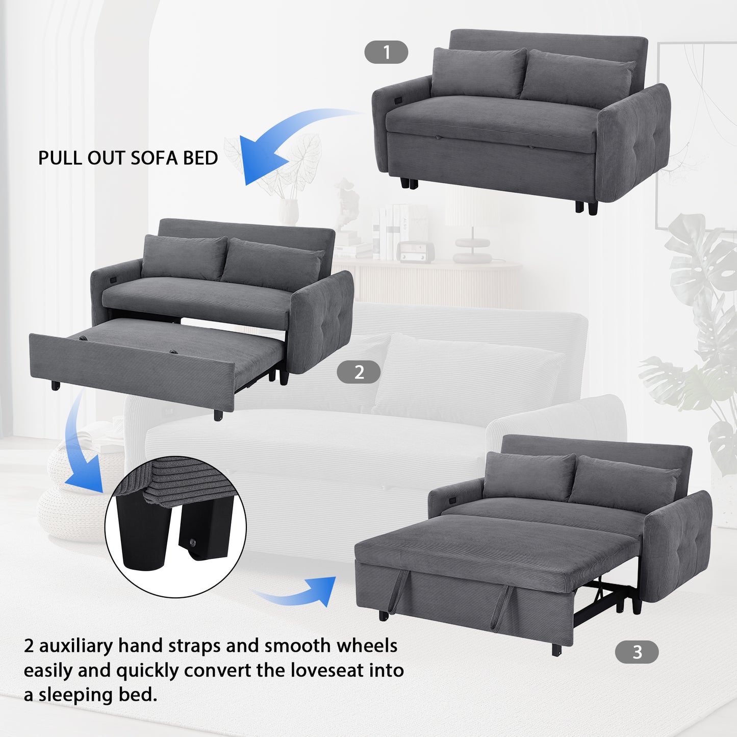 57.48" Pull-out Sofa Bed Convertible Couch 2 Seat Loveseat Sofa Modern Sleeper Sofa with Two Throw Pillows and USB Ports for Living Room, Dark Grey