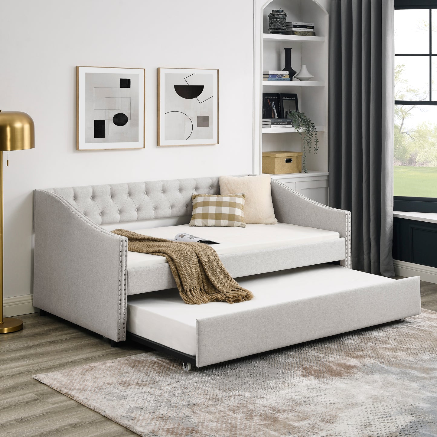 Size Daybed with Twin Size Trundle Upholstered Tufted Sofa Bed, with Button on Back and Copper Nail on Waved Shape Arms, Beige (80.5"x41"x30.5")