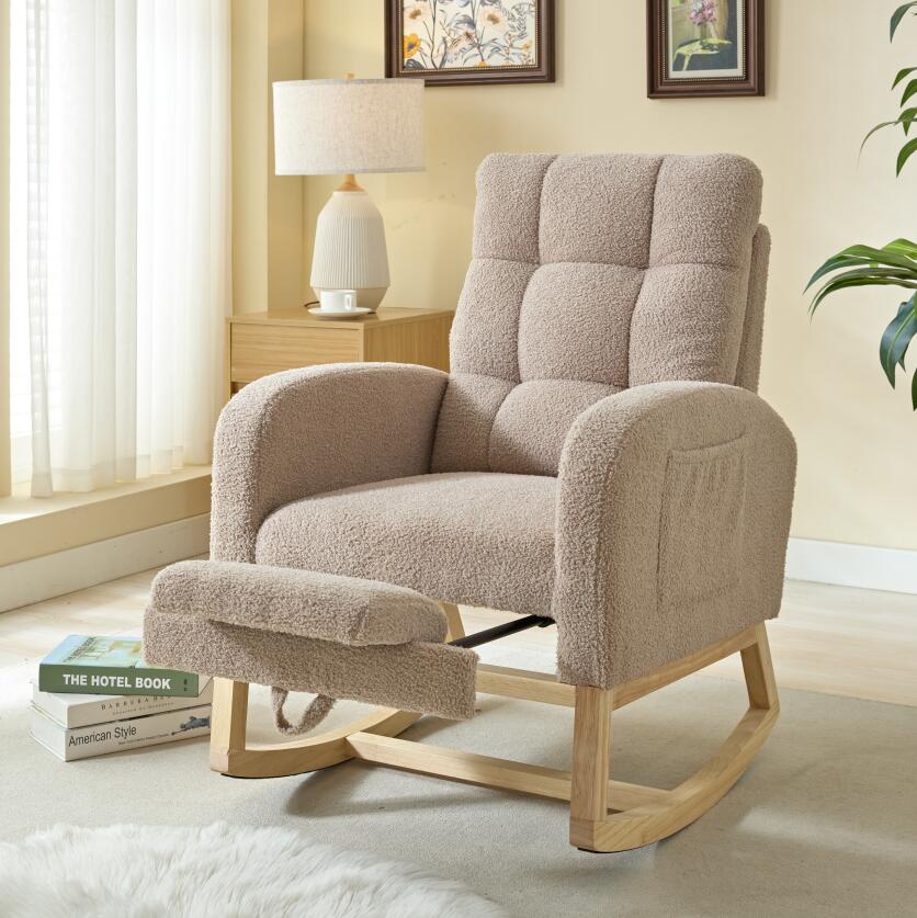 Modern Accent Rocking Chair with Solid Wood Legs, adjustable Footrest,Comfy Armchair with Side Pocket, Living Room Lounge Arm Chair with High Backrest