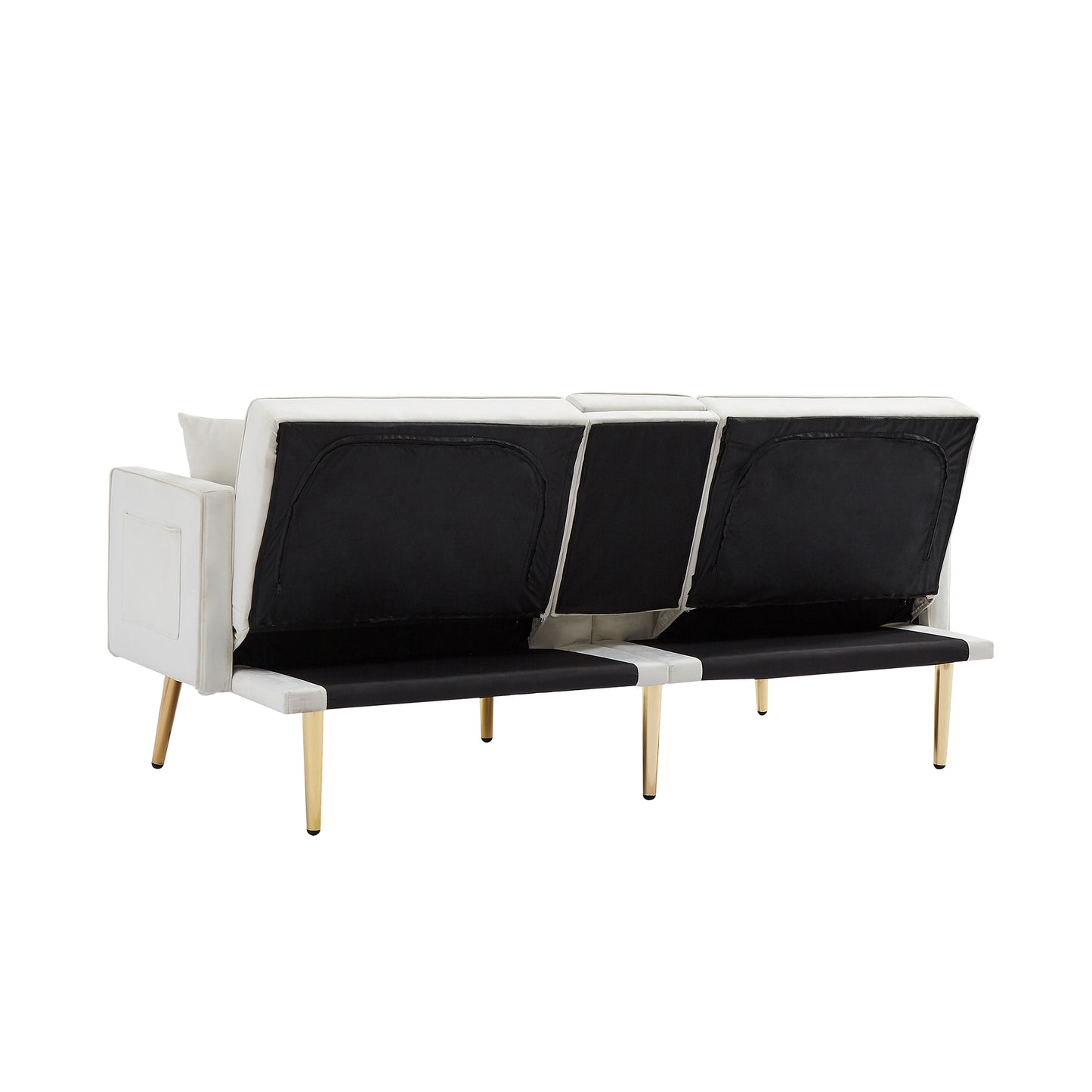 Cream White Velvet Futon Sofa Bed with Gold Metal Legs