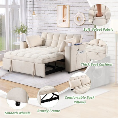 58" 4-1 Multi-functional Sofa Bed with Cup Holder and USB Port for Living Room or Apartments Milky White